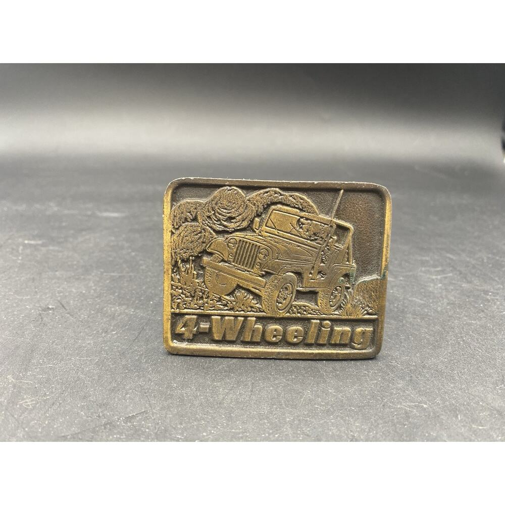 Vintage 1970s Brass 4 Wheeling Jeep Belt Buckle “ TIFFANY STUDIO “ New York.